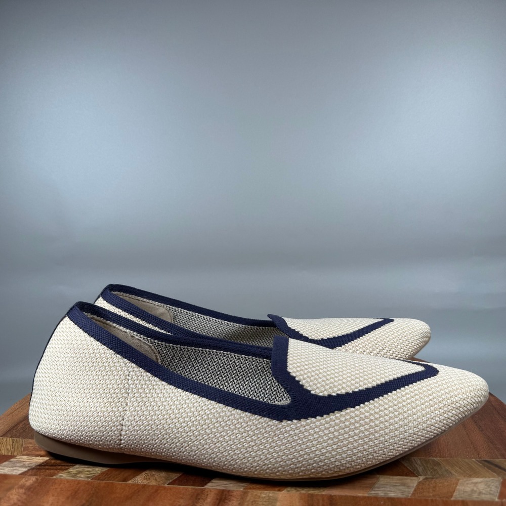 Birdies The Blackbird Cream Navy Knit Pointed Toe Flat Loafer Shoes Womens 10